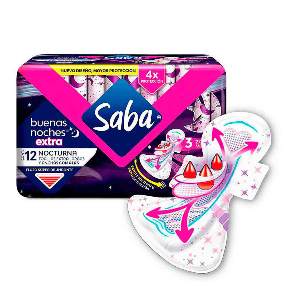 Toallas Femeninas Saba Buenas Noches Extra con Alas 12 piezas