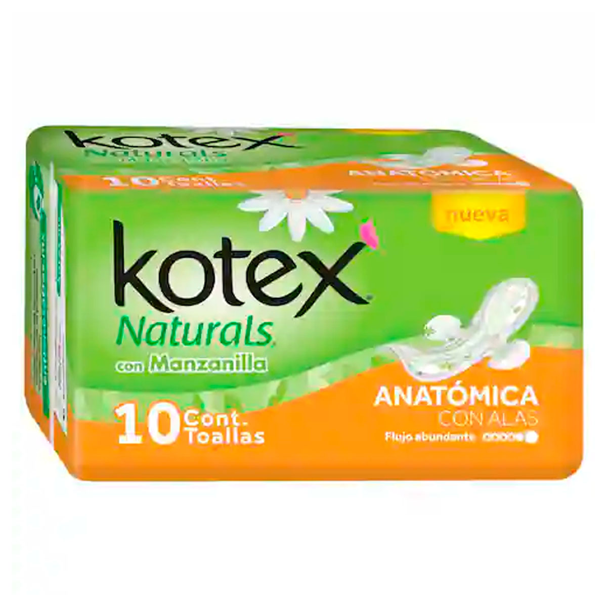 Toalla Femenina Kotex Naturals Anatomica Manzanilla Flujo Abundante C/A 10 PZS