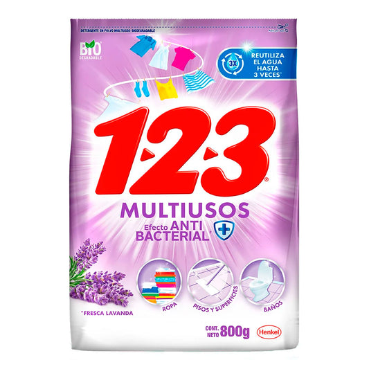 Detergente En Polvo Multiusos 1.2.3. Lavanda 800 GRS