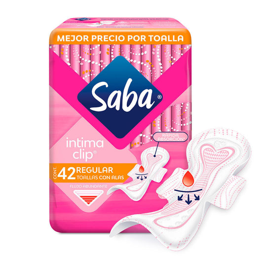 Toallas Femeninas Saba Intima Clip Regular con Alas 42 piezas