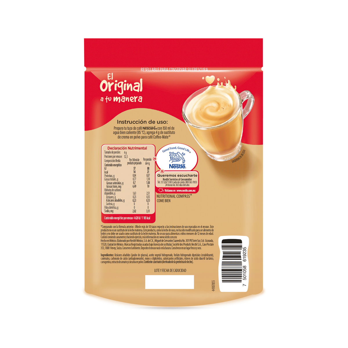 Sustituto de Crema para Café Coffee Mate Polvo Original 210g