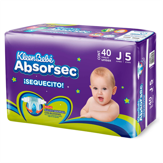 Pañal Kleen Bebe Absorsec Jumbo Más 6 Piezas Gratis 40 PZS