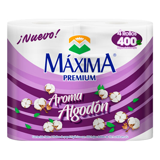 Papel Higiénico Máxima Premium Aroma Algodón 400 Hojas 4 PZS